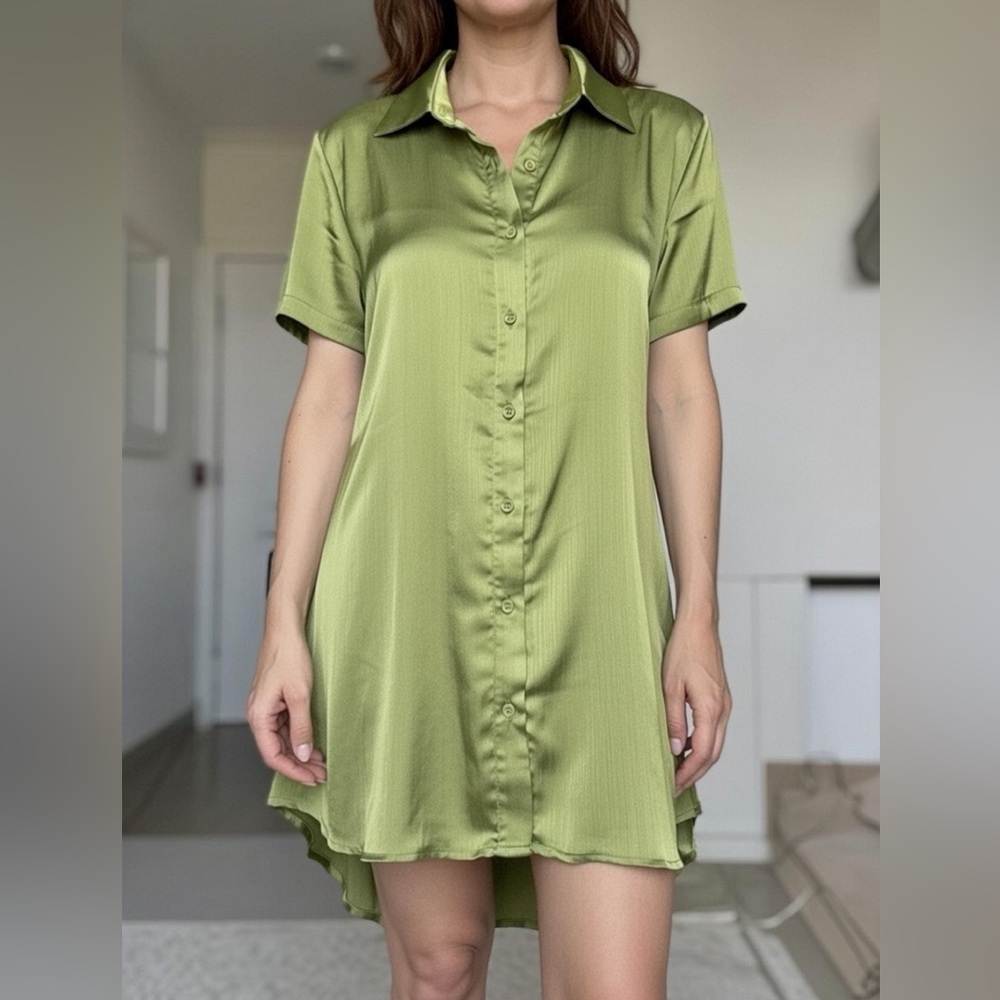 SHEIN Satin Shirt Dress Green Short Sleeve Button Front Tie Waist Midi